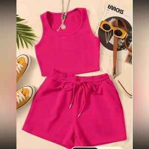 Hot pink workout lounge set size XS crop top and bottom Barbie sleeveless shorts